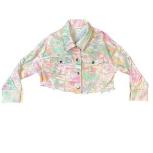 For Love &‎ Lemons Tie Dye Cropped Denim Jacket Frayed Hem Pastel Med Boho